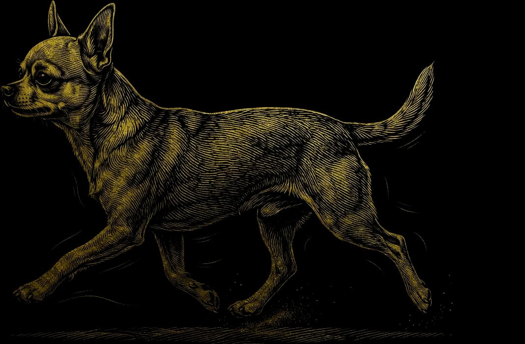 Engraved illustration of a Chihuahua running