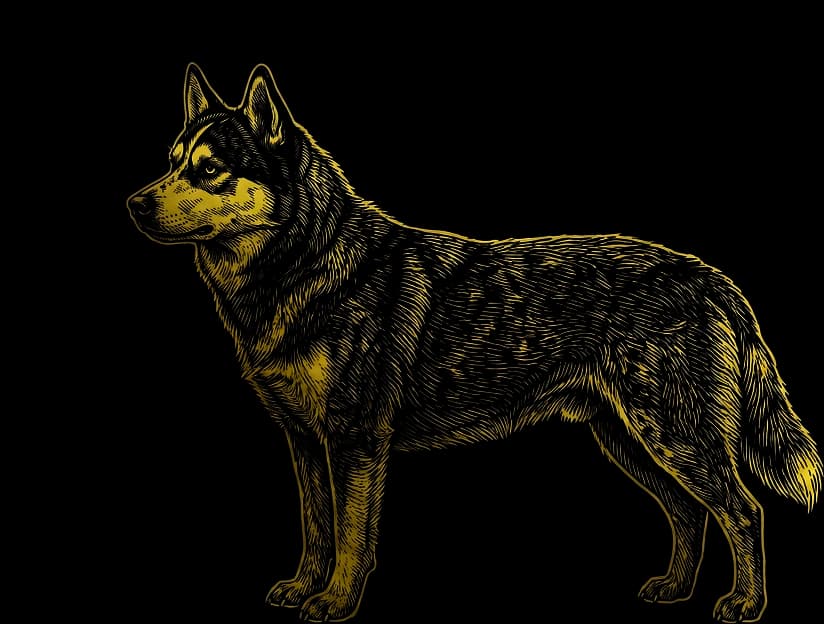 Engraved illustration of a Husky standing in profile