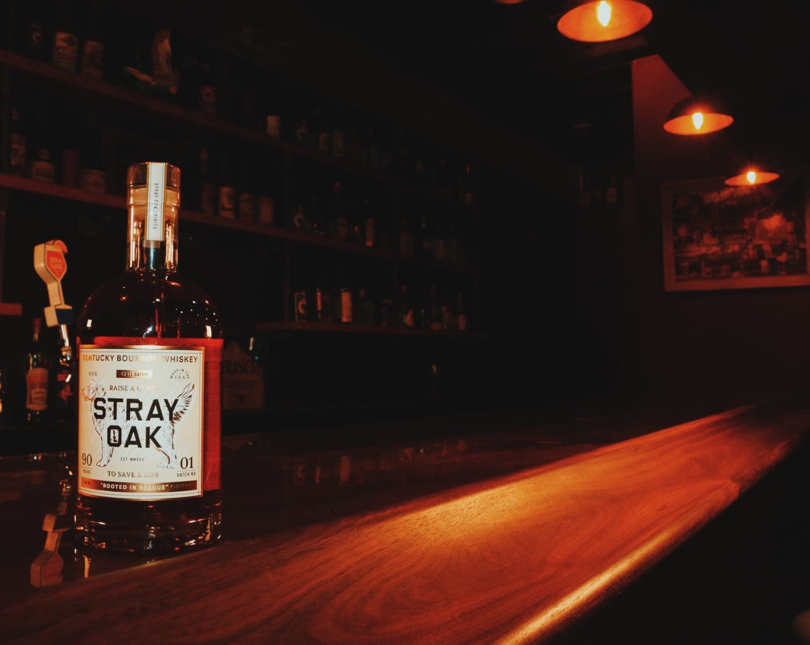 Stray Oak bourbon bottle on a warm-lit bar, candles glowing in the background